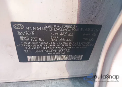 2017 Hyundai Sonata Se from USA, damaged, VIN 5NPE24AF9HH552931